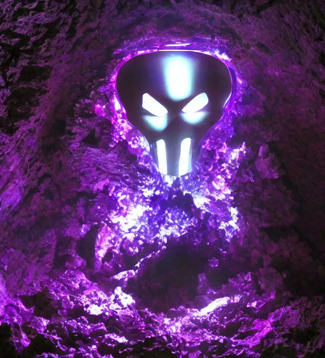 Image similar to luminous punisher symbol deep purple crystal growing in a cave with smoke and light rays.