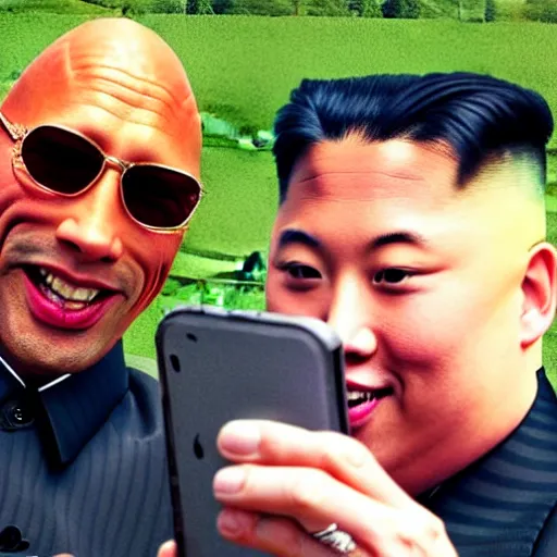 Image similar to dwayne the rock johnson and kim jong - un, selfie, phone photo,