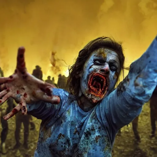 Prompt: selfie of a ukrainian screaming in pain and terrible injuries from a nuclear explosion, everything is on fire and radiation, in the background there are a lot of people like zombies, corpses and skeletons, a large nuclear explosion in the background, people are painted in yellow and blue, all dirty with severed limbs, doomsday