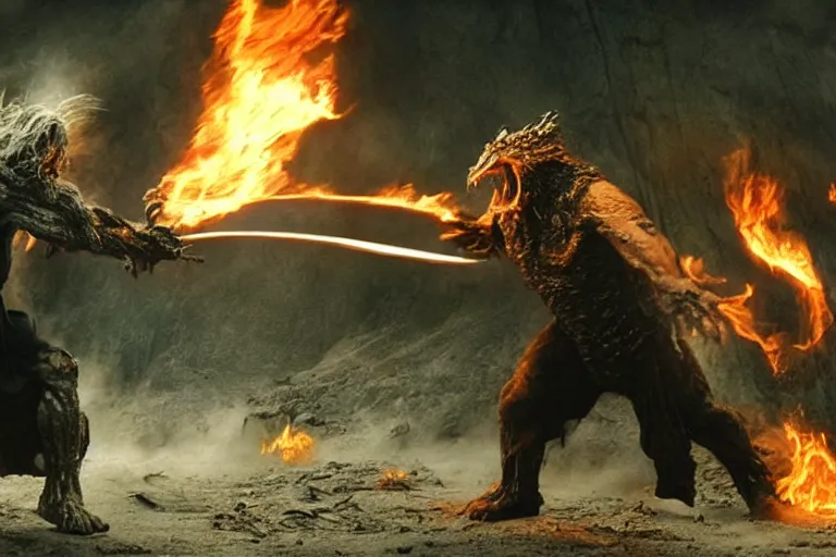 Image similar to movie still, balrog fighting gandalf at the bridge of khazad - dum, style of h. r. giger, fiery, dark, realistic movie still, cinematic, cgi,