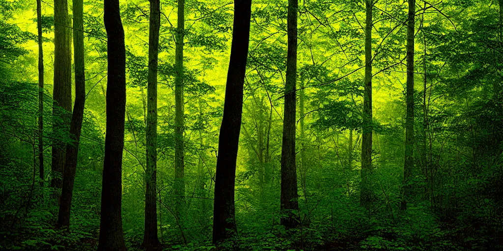 Image similar to lush american broadleaf deciduous forest, against light, glare, bright details, contrasting, daylight, highly detailed, by dieter rams 1 9 9 0, national geographic magazine, reportage photo, natural colors