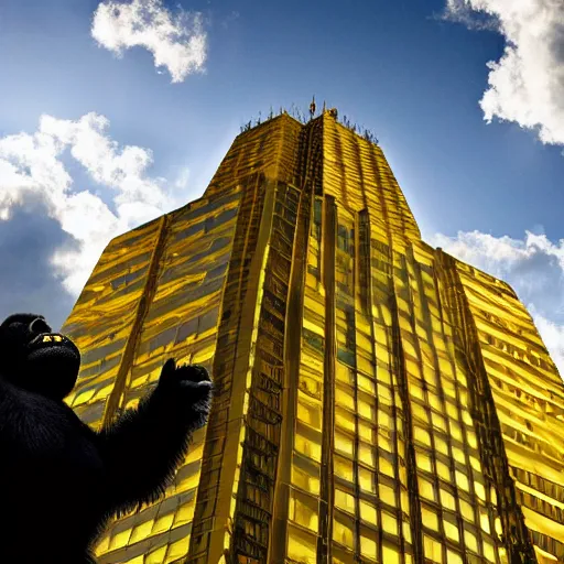 Prompt: Gold KingKong Climbs a Glass Empire States Building illuminated with a shaft of sunlight through stormy clouds