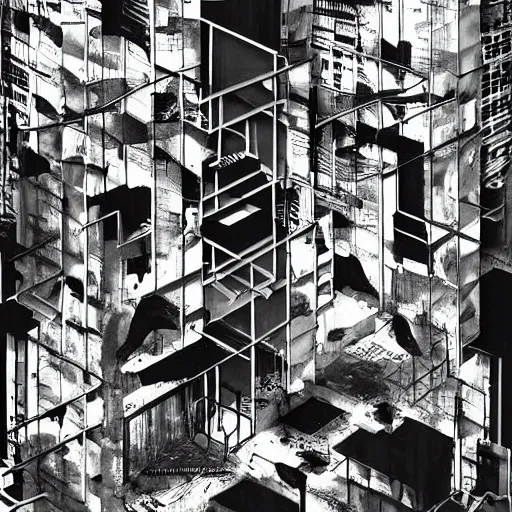 Image similar to abstract dystopian collage street art painting collage architectural elevation drawing black and white mixed media by hiroki tsukuda