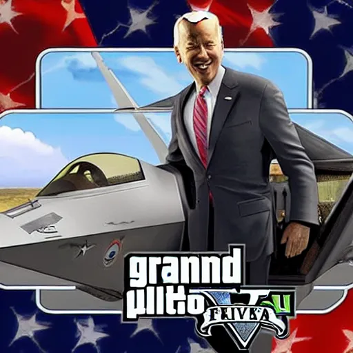 Image similar to “Joe Biden piloting a F22 raptor in the style of GTA V loading screen”