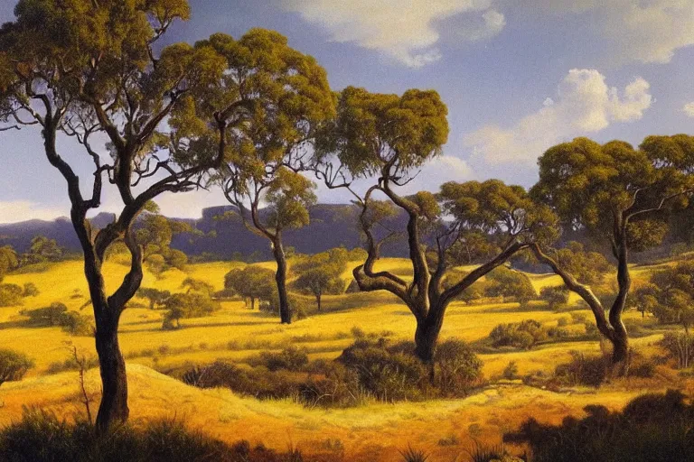 Image similar to masterpiece painting of oak trees on a hillside overlooking a creek, dramatic lighting, by albert namatjira