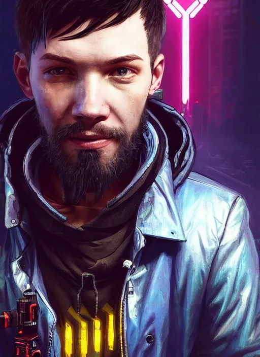 Prompt: portrait of DanTDM as a homeless character in Cyberpunk 2077, looking at camera, intricate, dystopian, sci-fi, extremely detailed, digital painting, artstation, concept art, smooth, sharp focus, illustration, intimidating lighting, incredible art by artgerm and greg rutkowski and alphonse mucha and simon stalenhag