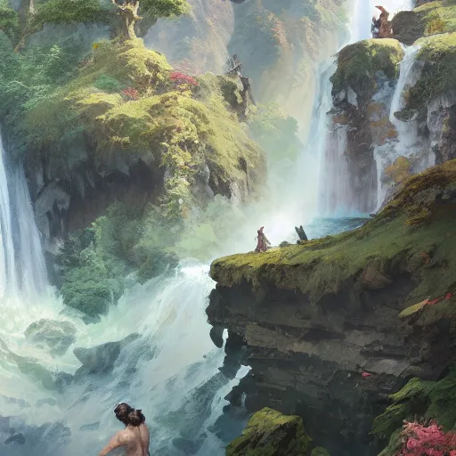 Image similar to A beautiful digital painting stone footbridge, waterfall, lovely valley by Stanley Artgerm Lau, frank frazetta, Rossdraws, James Jean, gerald brom, Andrei Riabovitchev, Marc Simonetti, and Sakimichan, trending on artstation