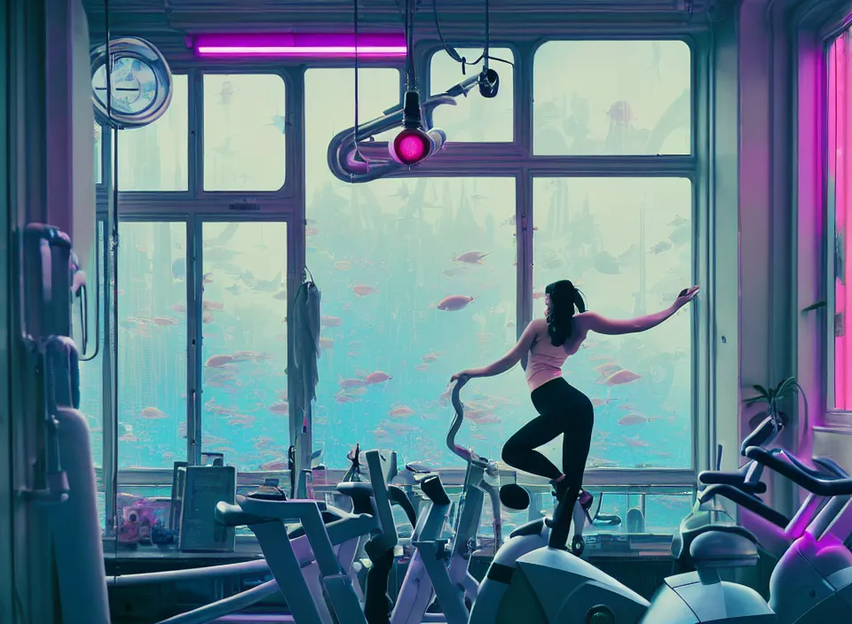 Image similar to telephoto 7 0 mm f / 2. 8 iso 2 0 0 photograph depicting the feeling of power in a cosy cluttered french sci - fi ( art nouveau ) pale cyberpunk apartment in a pastel dreamstate art cinema style. ( aquarium, gym, window ( city ), led indicator, lamp ( ( ( gym ) ) ) ), ambient light.