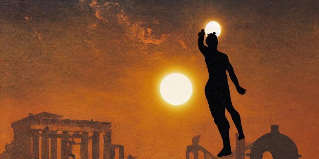 Prompt: a solar eclipse in the sky above, the city of ancient babylon below in the distance, the city is on fire, full-body silhouette of a single observer in the foreground, the figure is an ancient greek athletic man, the outlines of the figure are soft focus and hazy, thick impasto paint, double exposure, lens flare