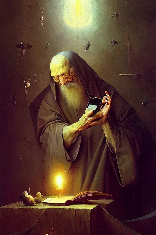 Image similar to hieronymus bosch, greg rutkowski, anna podedworna, painting of god using a cellphone