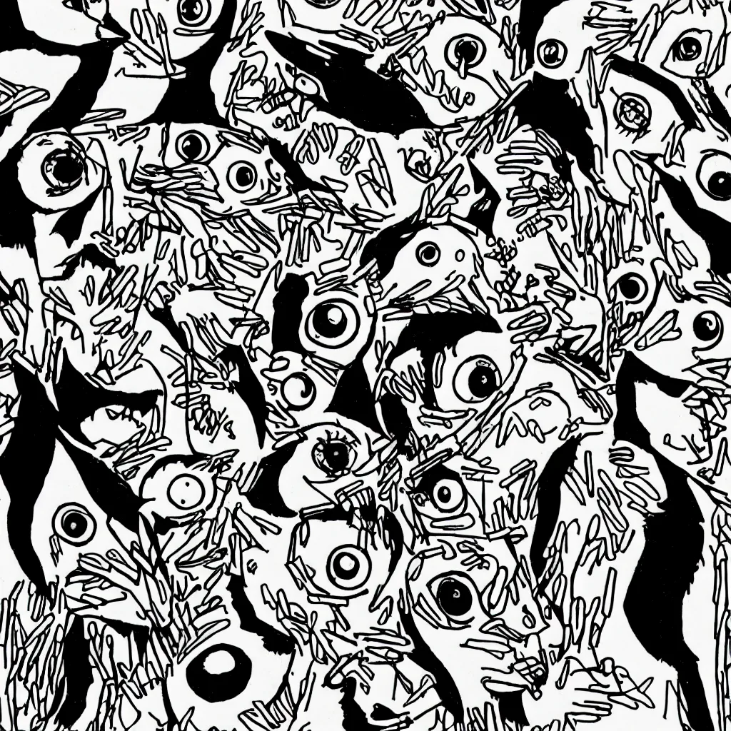 Image similar to ravens with candles holding eyeballs in their beaks with shintaro kago style