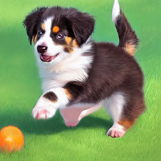 Prompt: digital painting of an Australian shepherd puppy playing fetch