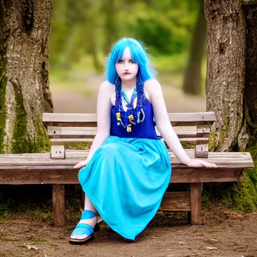 Prompt: dslr photo of a pretty young woman, full bodied portrait, with blue hair, sitting on a bench wearing a flower skirt, and body and wearing hemp sandals and a very detailed faerie necklace around neck, very high quality face, intricate details, extremely high quality, moody lighting, real camera, real photo 8 k, full subject in shot