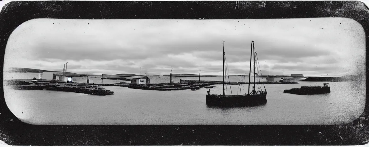 Prompt: a tintype photograph of the harbour at Stromness orkney