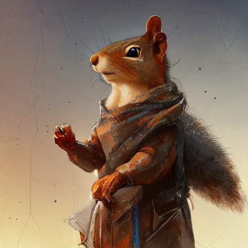 Image similar to Anthropomorphic Squirrel wearing a Cloak sitting otop a roof in a decimated city, concept art,like a action book cover,by rossdraws and greg rutkowski,Leonardo DaVinci