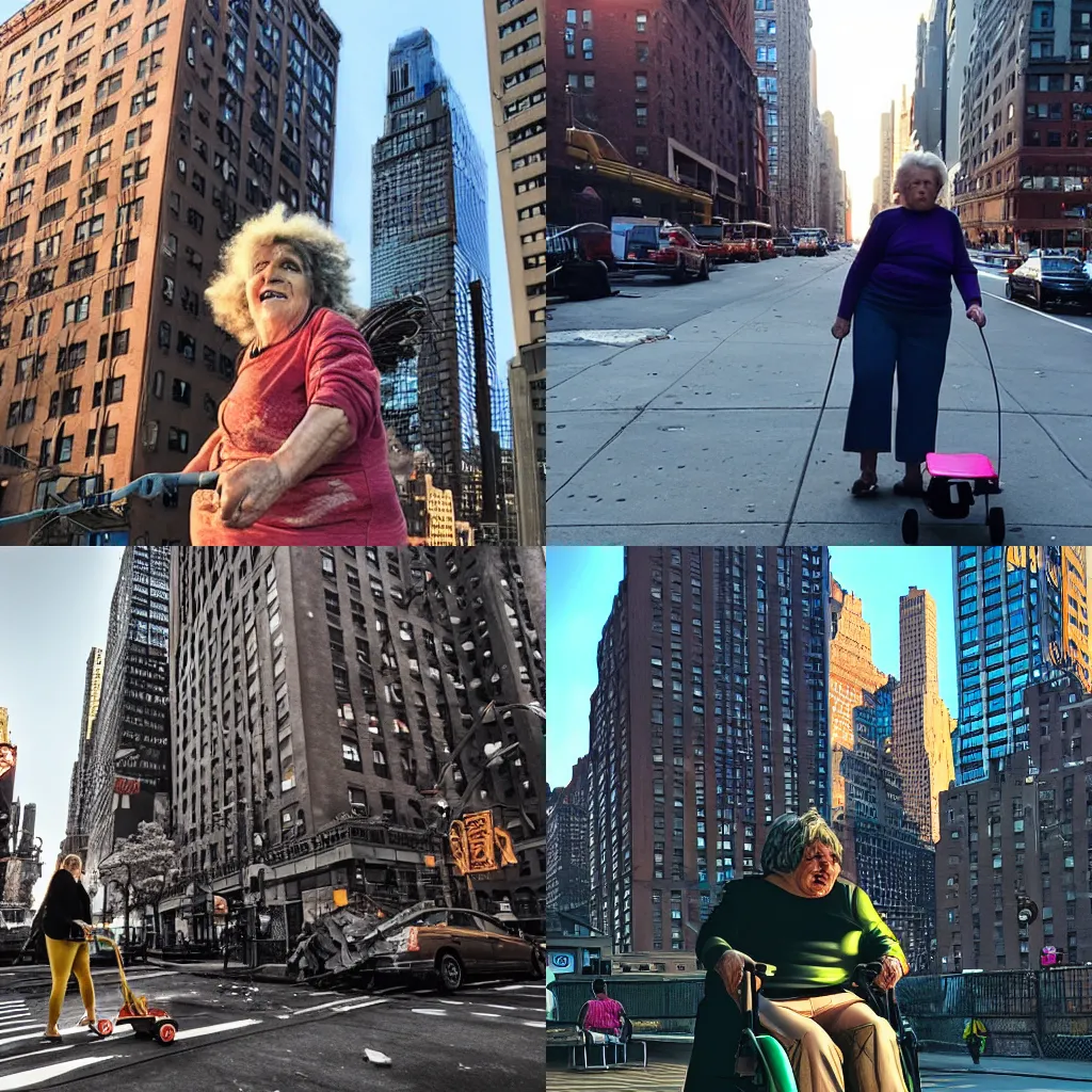 Prompt: a monstrous super sized grandmother destroying buildings in new york city with her walker. Super realistic. Beautifully detailed. Golden hour.