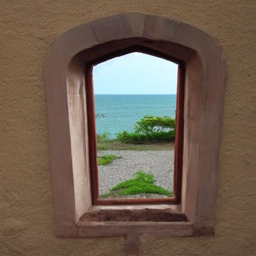 Image similar to a mullioned window through which you can see the sea where shark fins are visible