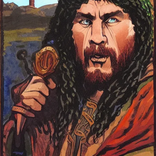 Image similar to full face portrait of fantasy Celtic chieftain and Magus 'Eoghaill na Murnach' or 'Eoghaill of the Murine Horde'. Gouache art, historical illustration, in the style of Angus McBride.