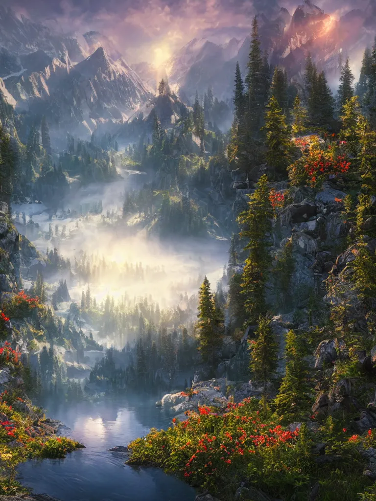 Image similar to a epic view of a mountainous lake, forest, flowers, concept art, trending on, very detailed, unreal engine, 4 k, photoreal, volumetric lighting, light rays, epic composition, warm colors, angelic