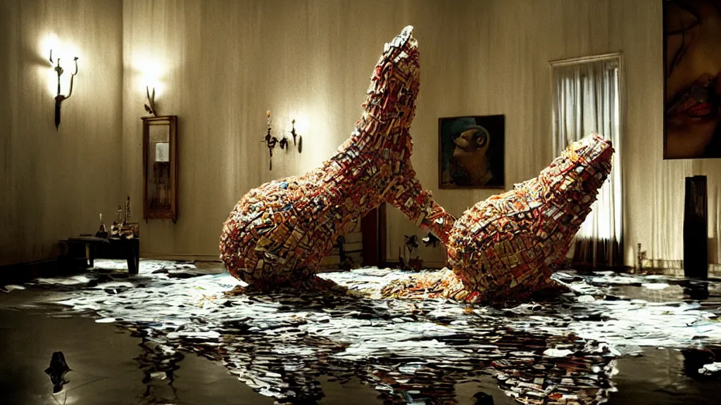 Image similar to the strange creature float through the house, made of magazines and water, film still from the movie directed by Denis Villeneuve with art direction by Salvador Dalí, wide lens