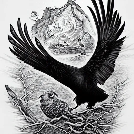 Image similar to surreal image depicting a raven combined with a deer and an owl but is also actually a window into the ocean. Fine line tattoo art. dark fantasy, intricate detail.