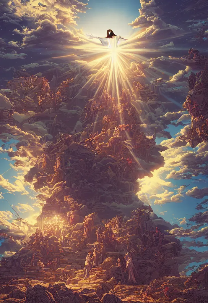 Image similar to the second coming of jesus by dan mumford, yusuke murata, makoto shinkai, ross tran, cosmic, heavenly, god rays, intricate detail, cinematic, 8 k, cel shaded, unreal engine, featured on artstation, pixiv