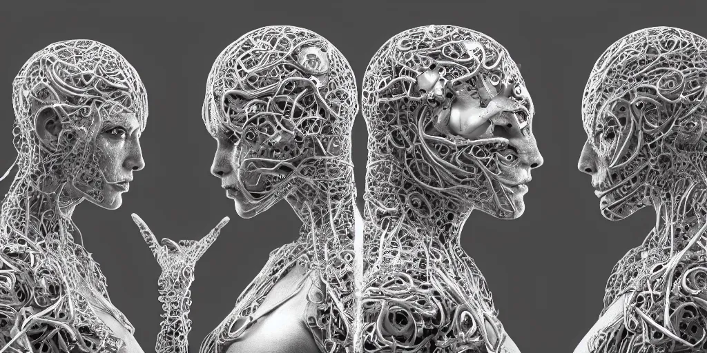 Image similar to hyper realistic photography of a stunningly cyborg female and male, intimate, intricate filigree, in the style of beth cavener, jin kagetsu, and wlop, highly detailed, chrome face symmetry, masterpiece, award - winning, sharp focus, concept art, high key, ambient lighting, 8 k, octane render,