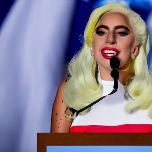 Image similar to Lady Gaga as president, Argentina presidential rally, Argentine flags behind, bokeh, giving a speech, detailed face, Argentina