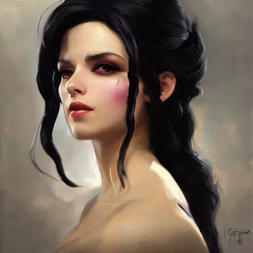 Prompt: greg manchess portrait painting of a yennefer as overwatch character, medium shot, asymmetrical, profile picture, organic painting, sunny day, matte painting, bold shapes, hard edges, street art, trending on artstation, by huang guangjian and gil elvgren and sachin teng