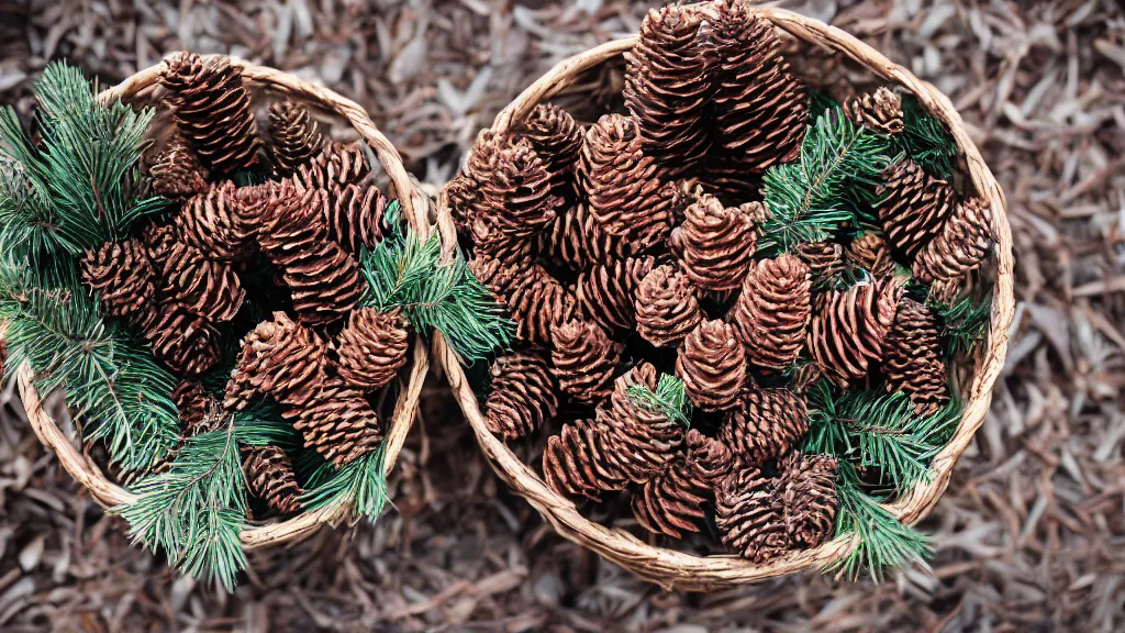 Prompt: pinecones in a basket, canon eos r 3, f / 1. 4, iso 2 0 0, 1 / 1 6 0 s, 8 k, raw, unedited, symmetrical balance, in - frame