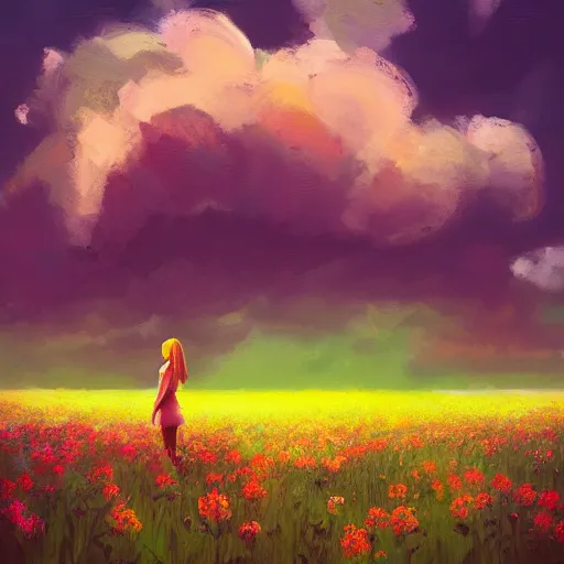 Image similar to giant rose flower head, full body girl standing in a flower field, surreal photography, sunrise, dramatic light, impressionist painting, colorful clouds, digital painting, artstation, simon stalenhag