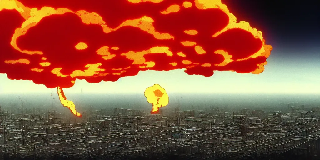 Prompt: a single mushroom! cloud! formed by an h - bomb explosion in the middle of tokyo, highly detailed, gulf war photography, from akira ( 1 9 8 8 ) style, popular on artstation, unreal engine, aerial photo, nvidia graphics,.