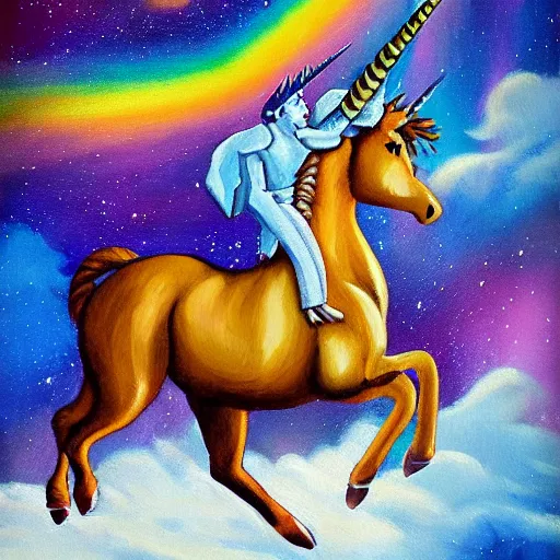 Image similar to wesley crusher riding a unicorn into battle impressionist oil painting fantasy 1 5