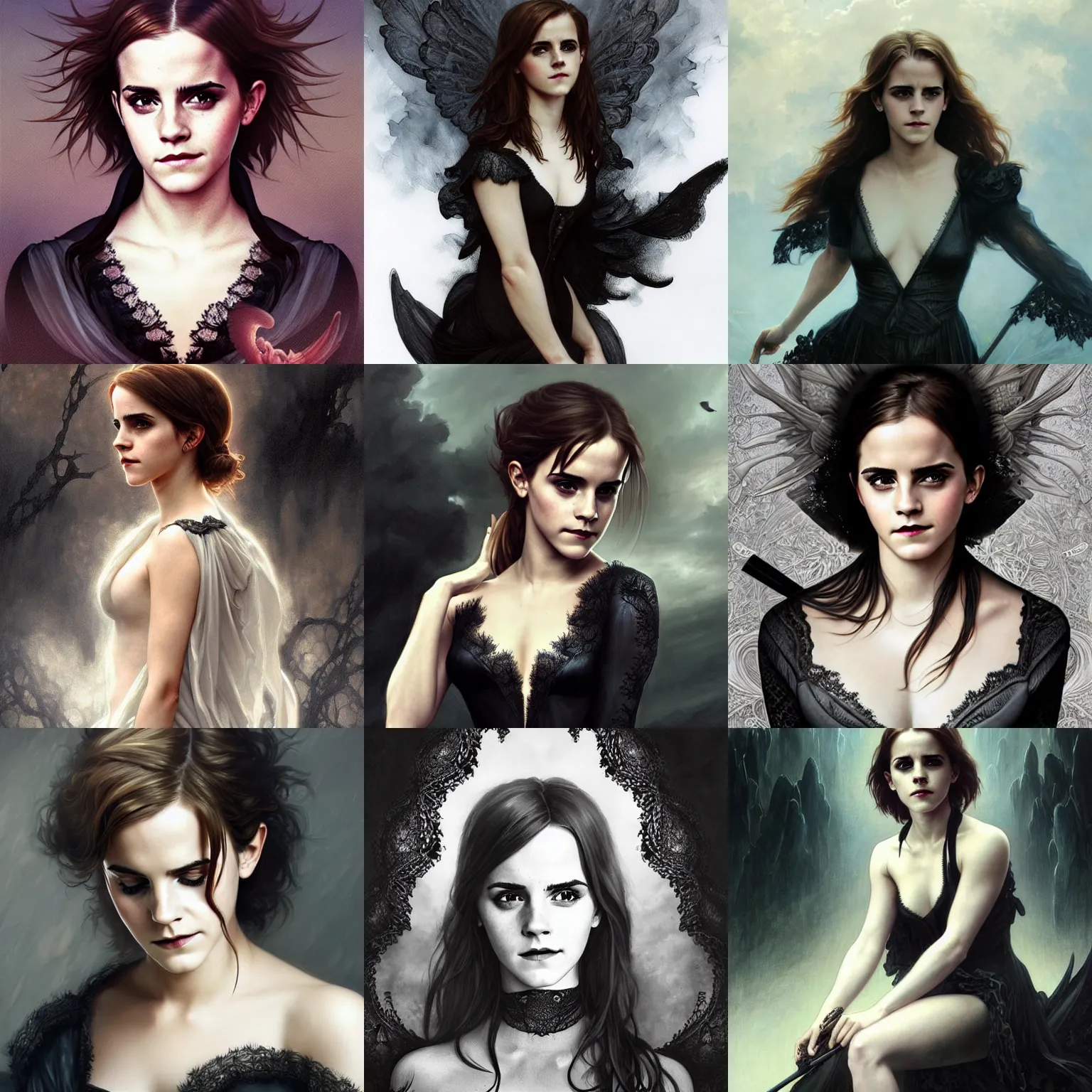 Prompt: emma watson as an dark angel, black lace, highly detailed, digital painting, matte, sharp focus, art by artgerm, greg rutkowski, alphonse mucha, frank frzetta, boris vallejo, bouguereau, beksinski, cinematic