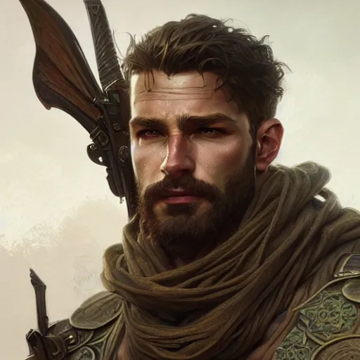 Image similar to Portrait of rugged male ranger, D&D, muscular, fantasy, intricate, elegant, highly detailed, digital painting, artstation, concept art, smooth, sharp focus, illustration, art by artgerm and greg rutkowski and alphonse mucha