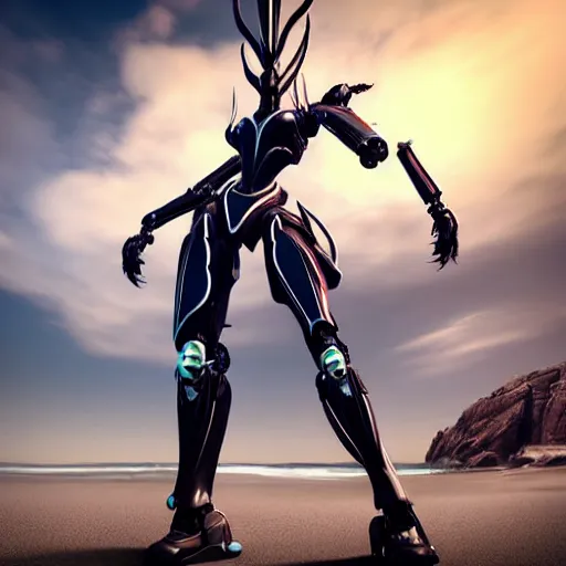 Image similar to looking up at a highly detailed 300 foot tall giant exquisite beautiful female warframe, as an anthropomorphic robot dragon, posing elegantly over your tiny form, detailed legs looming over you, camera on the ground, at the beach on a sunset, sleek streamlined design, streamlined matte black armor, sharp detailed claws, detailed sharp robot dragon feet, giantess shot, upward shot, ground view shot, leg shot, front shot, cinematic shot, high quality warframe fanart, captura, realistic, professional digital art, high end digital art, furry art, giantess art, anthro art, DeviantArt, artstation, Furaffinity, 8k HD render, epic lighting