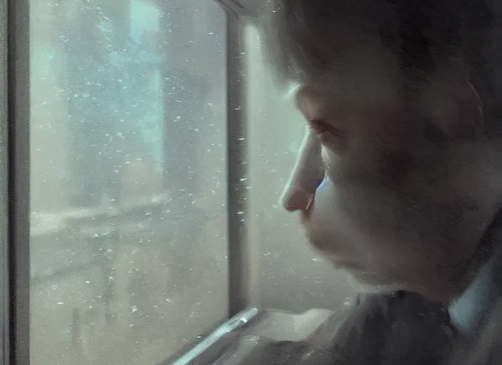 Prompt: man looks out of a train window, dim lighting, lonely, digital art, by wlop, by yoshitaka amano, highly detailed, expressive painting, moody, octane render