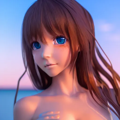 Image similar to Render of a very beautiful 3d anime girl, long hair, hazel eyes, cute freckles, full round face, oiled, short smile, cute bikini, golden hour, serene beach setting, cinematic lightning, medium shot, mid-shot, highly detailed, trending on Artstation, Unreal Engine 4k