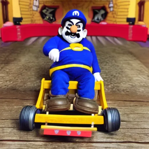 Prompt: wario riding a cart from mario 6 4 action figure