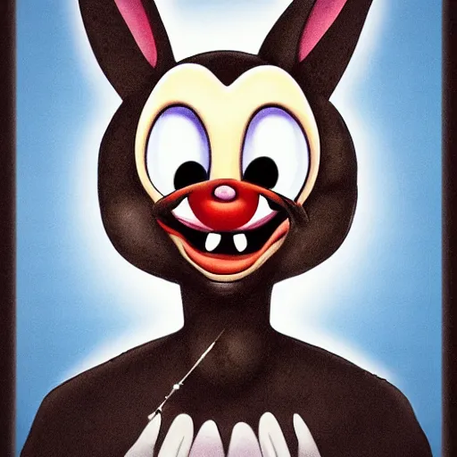 Image similar to A extremely highly detailed majestic hi-res beautiful, highly detailed head and shoulders portrait of a scary terrifying, horrifying, creepy maniacal crazy black cartoon rabbit with scary big eyes, earing a shirt laughing maniacally , let's be friends, in the style of a Walt Disney cartoon