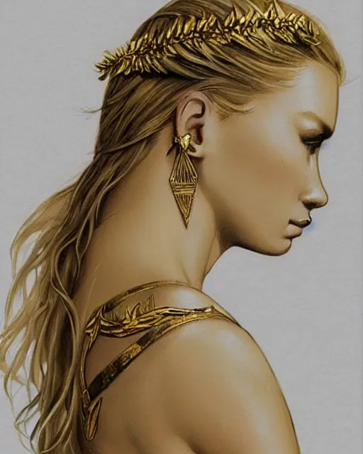 Image similar to tattoo sketch of beautiful super model aphrodite greek goddess wearing a gold laurel wreath and triangle earrings,, beautiful piercing gaze with sharp pupils, beautiful blonde hair, in the style of greg rutkowski, fantasy, amazing detail, epic, elegant, smooth, sharp focus, front view