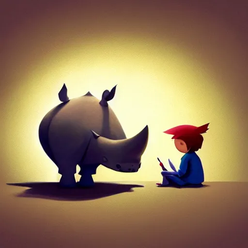 Image similar to goro fujita ilustration a happy little rhinoceros sitting by goro fujita, painting by goro fujita, sharp focus, highly detailed, artstation