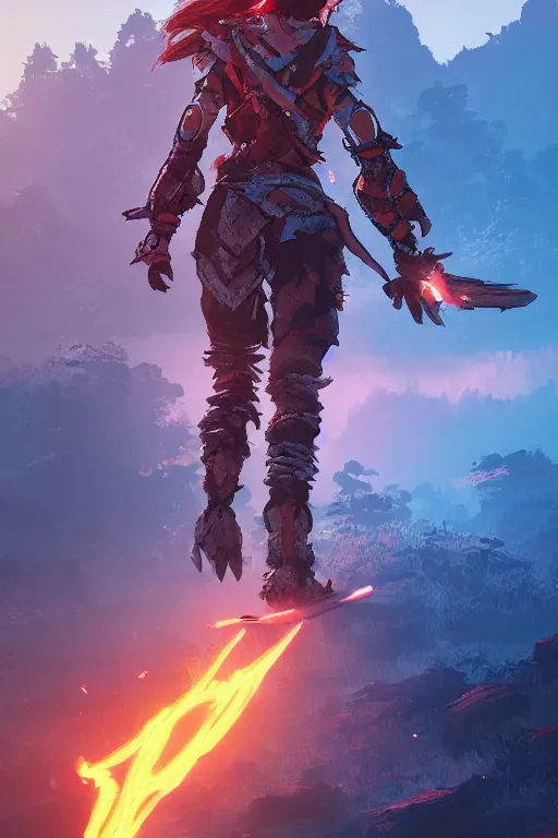 Image similar to combination suit armor aloy horizon forbidden west horizon zero dawn radiating a glowing aura global illumination ray tracing hdr fanart arstation by ian pesty and alena aenami artworks in 4 k tribal robot ninja mask helmet backpack