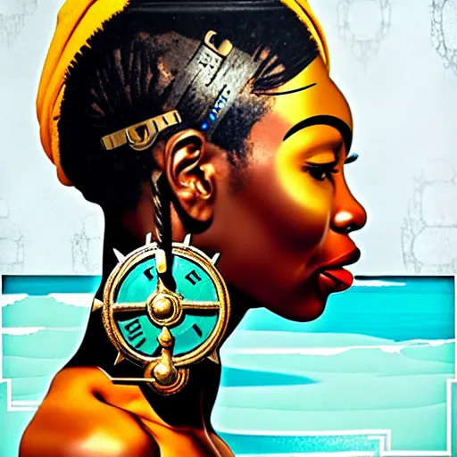 Image similar to portrait of african woman :: side profile :: in ocean :: clockwork details :: gold :: blood and horror :: by marvel and Sandra Chevrier