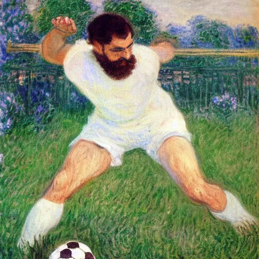 Image similar to monet painting of a bearded man getting hit in the groing with a soccer ball, highly detailed, realistic,