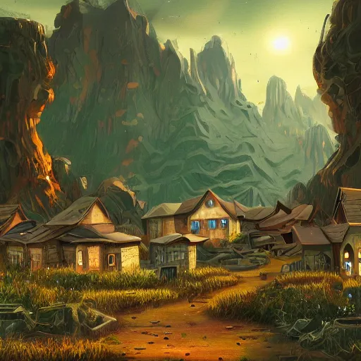 Image similar to village on an alien planet, digital art