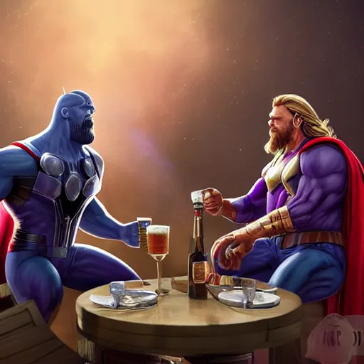 Image similar to Thanos and Thor having beers in a tabern, elegant, highly detailed, artstation, concept art, smooth, sharp focus, 4k
