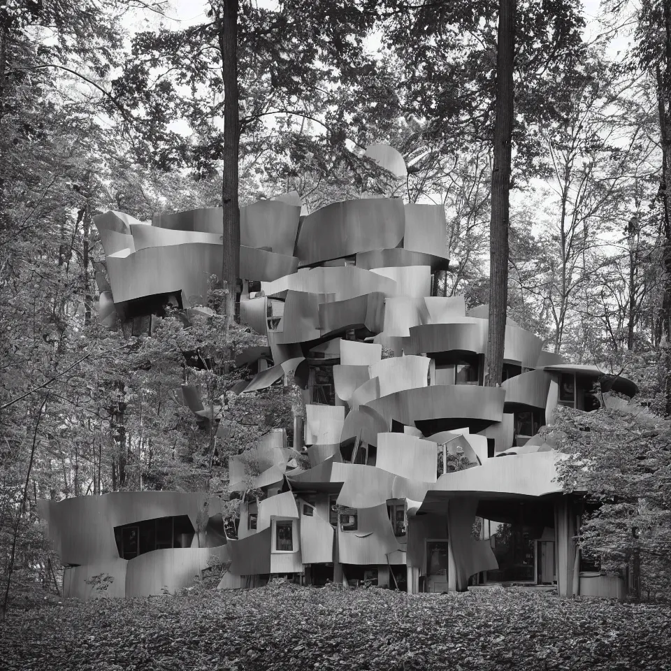 Image similar to architecture ad for a mid-century modern house in the middle of the forest, designed by Frank Gehry. Film grain, cinematic, grayscale, yellow hue