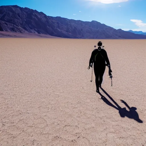 Image similar to a scuba diver with fins on his feet is walking through death valley, bright sunny day, photography, highly detailed, high quality,