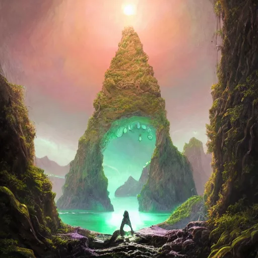 Image similar to a scary glowing green magical portal to another world in darwin's arch, ocean and rock landscape, d & d, fantasy, intricate, elegant, highly detailed, digital painting, artstation, concept art, matte, sharp focus, illustration, art by hayao miyazaki and hideo kojima